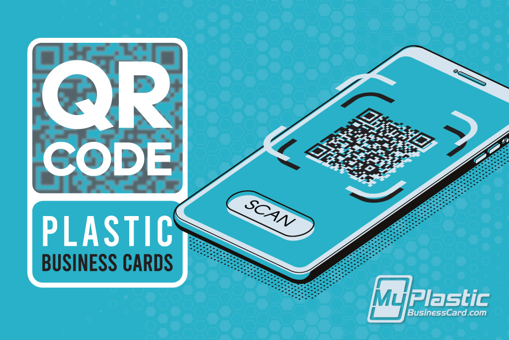 Promotional Graphic For Plastic Business Cards With Qr Codes, Showing A Large Qr Code Card On The Left And A Smartphone Scanning A Qr Code On The Right, On A Teal Hexagon-Pattern Background With Myplasticbusinesscard Branding.